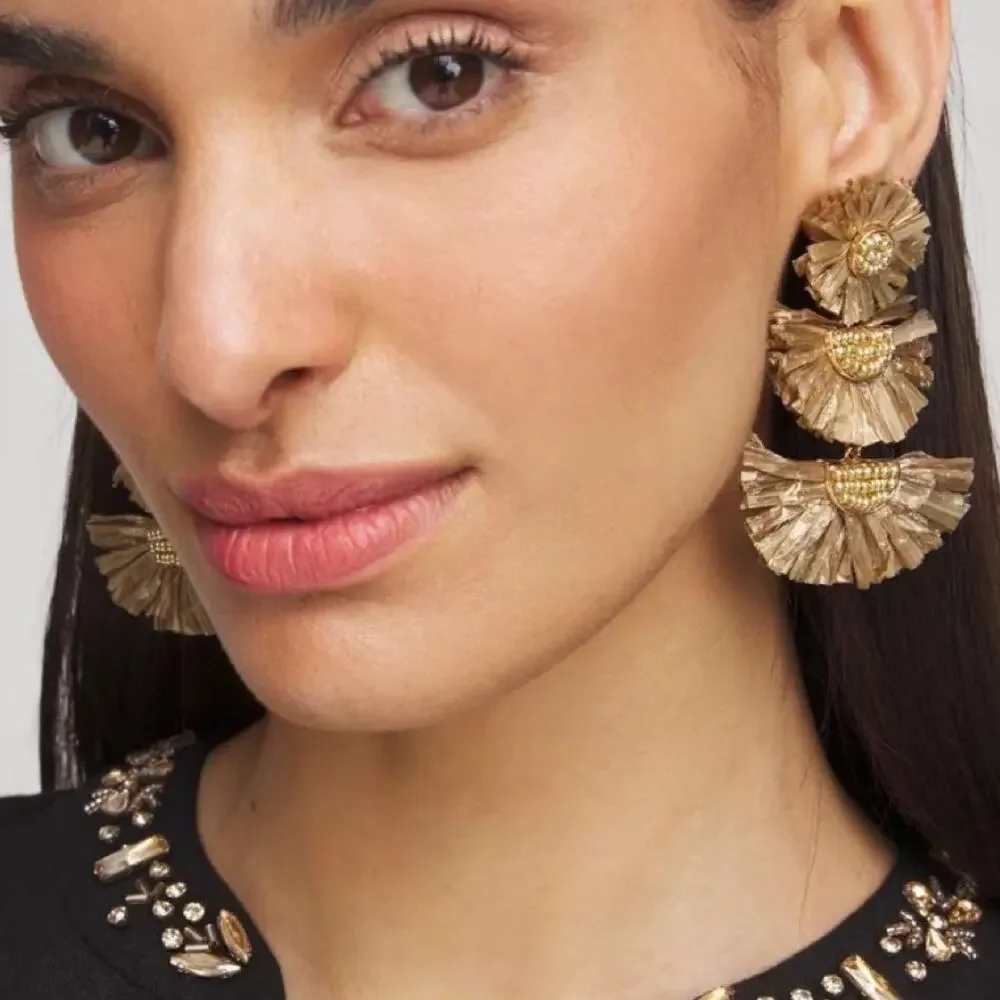 NEW Chico's Gold Raffia Tiered Earrings No Droop